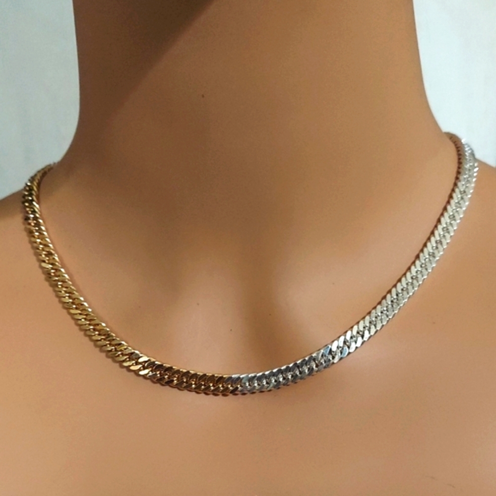 Dyadema Bronze Italy Two-Tone Gold Silver Herringbone Necklace 18" - Picture 6 of 12